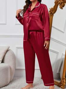 Plus Christmas Contrast Piping Satin PJ Set / Pajama Set - Burgundy - View 6