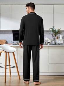 Men Letter Graphic Contrast Piping PJ Set / Pajama Set - Black - View 2