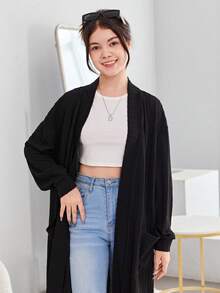 青少年女孩落肩袖開門襟外套 - 黑色 - 查看 5