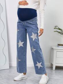 SHEIN Maternity Wideband Waist Star Print Straight Leg Jeans - Medium Wash - View 3