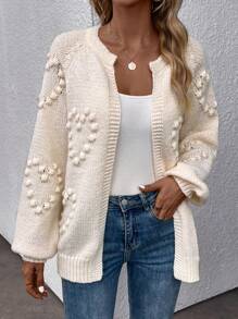 SHEIN LUNE Cárdigan de plumero con pompón detalle de manga raglán - Beis - Ver 3