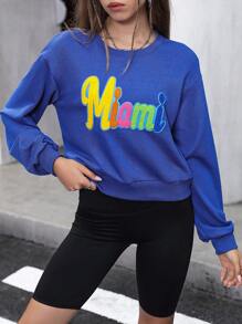 SHEIN Unity 女式休闲蓝色字母植绒落肩短款运动衫，秋季 - 藍色 - 查看 1