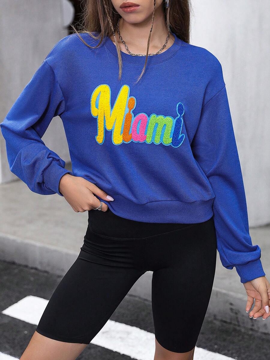 SHEIN Unity 女式休闲蓝色字母植绒落肩短款运动衫，秋季 - 藍色 - 查看 1