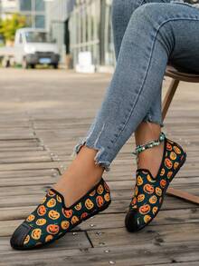 萬聖節主題女性平底鞋帶鬼臉部和南瓜圖案 - 黑色 - 查看 2