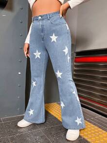 SHEIN EZwear Talla grande Jeans de pierna amplia con estampado de estrella - Lavado ligero - Ver 6