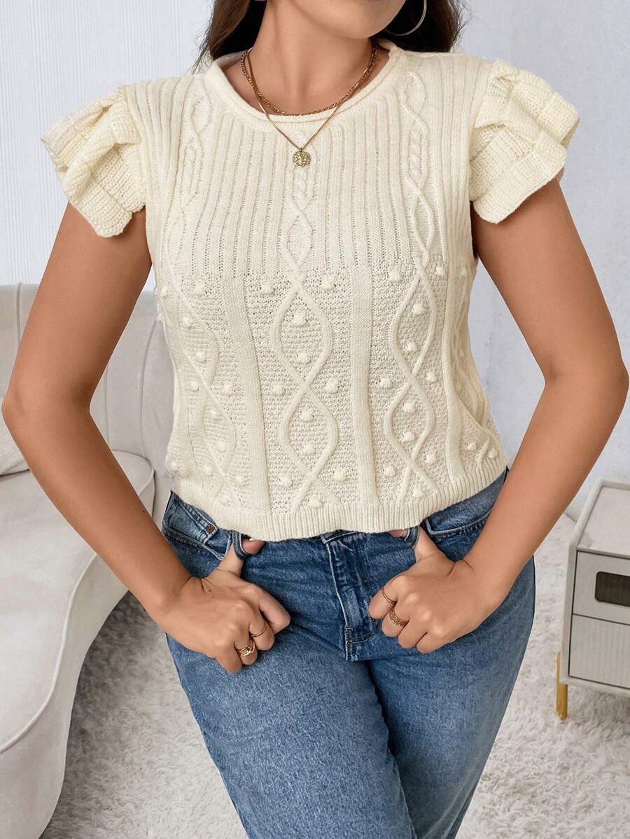 Calvaya Plus Ruffle Trim Cable Knit Top - Apricot - View 1