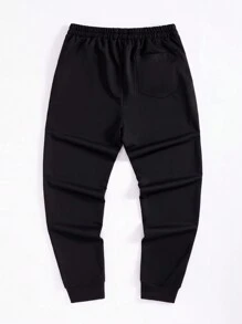 ROMWE MEN Goth Hombres Pantalones deportivos con estampado de cráneo y letra de cintura con cordón - Negro - Ver 2