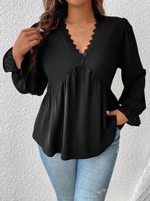 SHEIN Frenchy Cộng thêm áo kiểu ren viền ren guipure tay loe áo peplum - màu đen - Xem 4