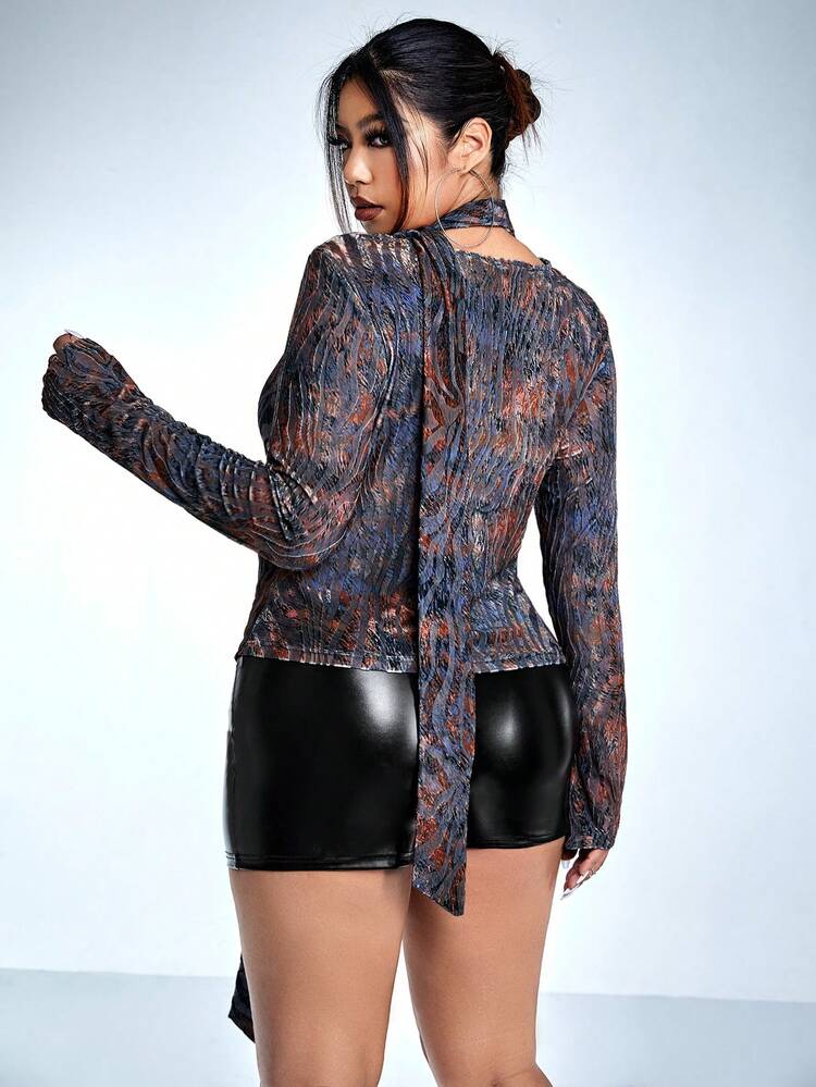 Plus Allover Print Draped Front Tee With Scarf