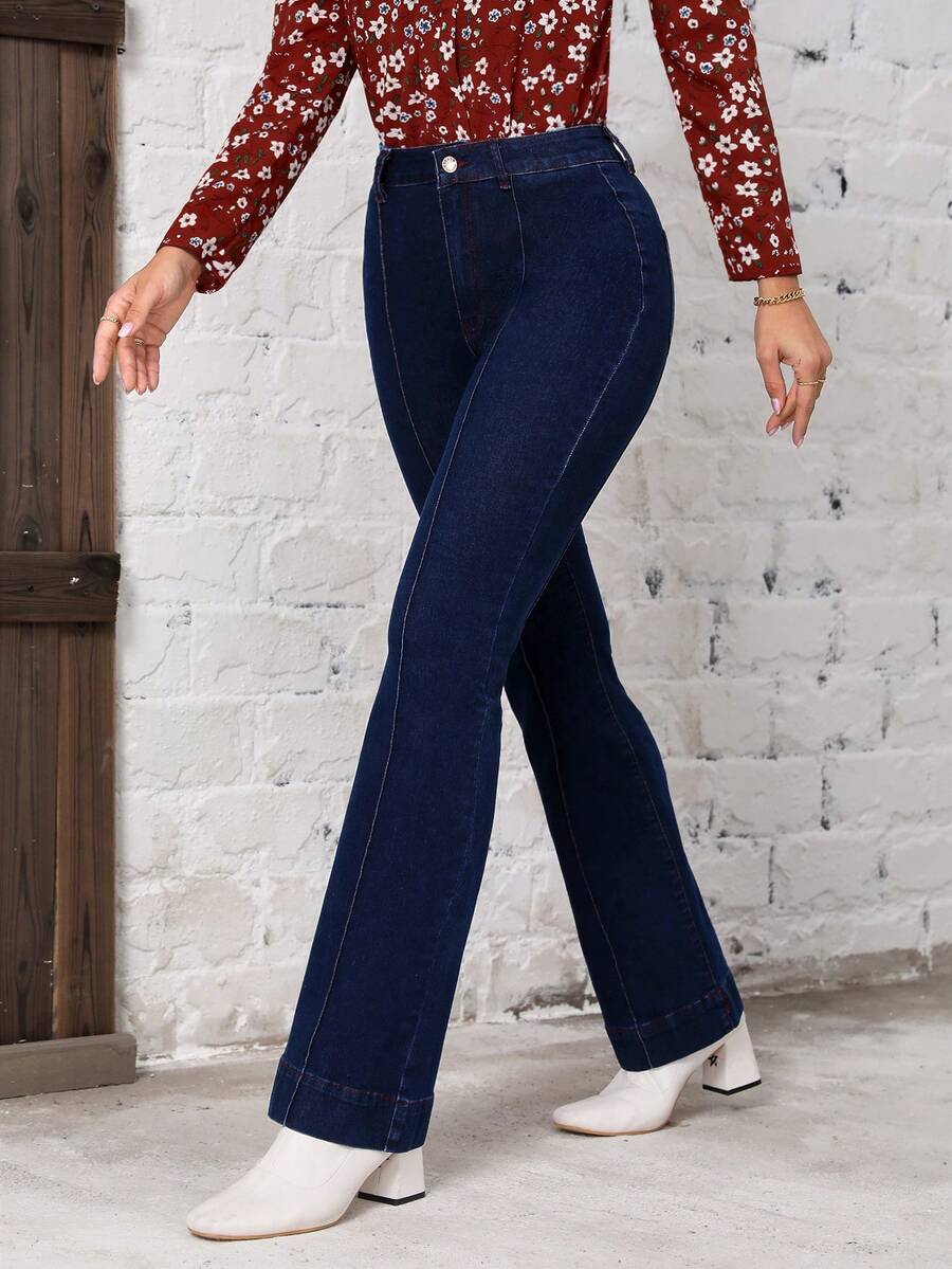 SHEIN LUNE Cao eo Quần ống loe - Màu xanh lam - Xem 1