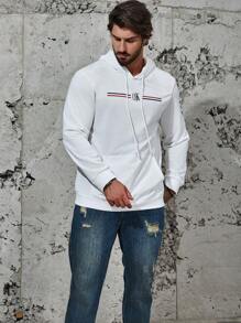 Manfinity Homme Men Plus Striped & Letter Graphic Kangaroo Pocket Drawstring Hoodie - White - View 5