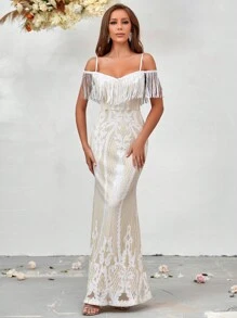 SHEIN Belle Cold Shoulder Fringe Trim Mermaid Hem Sequin Formal Dress - Beige - View 6