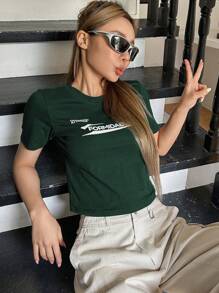 DAZY Đồ họa Chữ cái Áo phông Crop - Màu xanh lá cây đậm - Xem 6