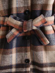 SHEIN Cô Gái Trẻ In kẻ sọc Chi tiết về Flap Thắt lưng Áo khoác Không có áo len - màu nâu - Xem 7