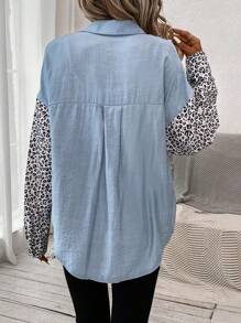 SHEIN LUNE 豹紋印花落肩袖口袋貼布襯衫 - 藍色 - 查看 2