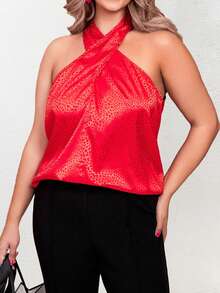 Celure 大碼斑點圖案提花掛脖上衣 - 紅色 - 查看 3