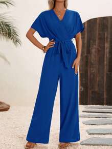 SHEIN Clasi Solid Belted Wide Leg Wrap Detail Jumpsuit - Royal Blue - View 5