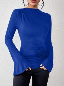 Chiquease Mock Neck Trumpet Sleeve Ruched Tee Fall Cloth For Women - Blue - View 4