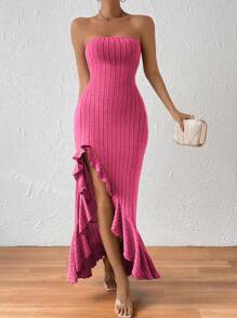 SHEIN Privé 荷葉邊高衩抹胸洋裝 - 玫紅色 - 查看 5