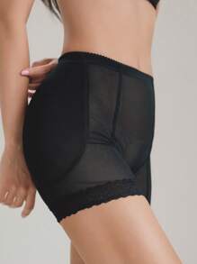 DAZY Shorts de control de figura de malla transparente con encaje en contraste, ropa de vuelta al colegio - Negro - Ver 6