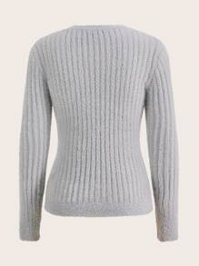 SHEIN BASICS 素色絨毛針織套頭毛衣 - 淺灰色 - 查看 2