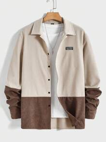 Manfinity VCAY Men Two Tone Letter Patched Detail Corduroy Shirt Without Tee, For Fall, Long Sleeve Top