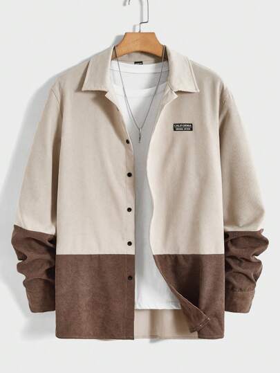 Manfinity VCAY Men Two Tone Letter Patched Detail Corduroy Shirt Without Tee, For Fall, Long Sleeve Top