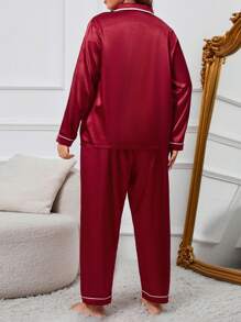 Plus Christmas Contrast Piping Satin PJ Set / Pajama Set - Burgundy - View 3