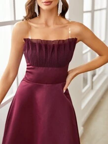 SHEIN Belle 勃艮第红色纯色褶饰胸围抹胸鸡尾酒会礼服婚礼宾客礼服，半正式礼服 - 酒紅色 - 查看 2