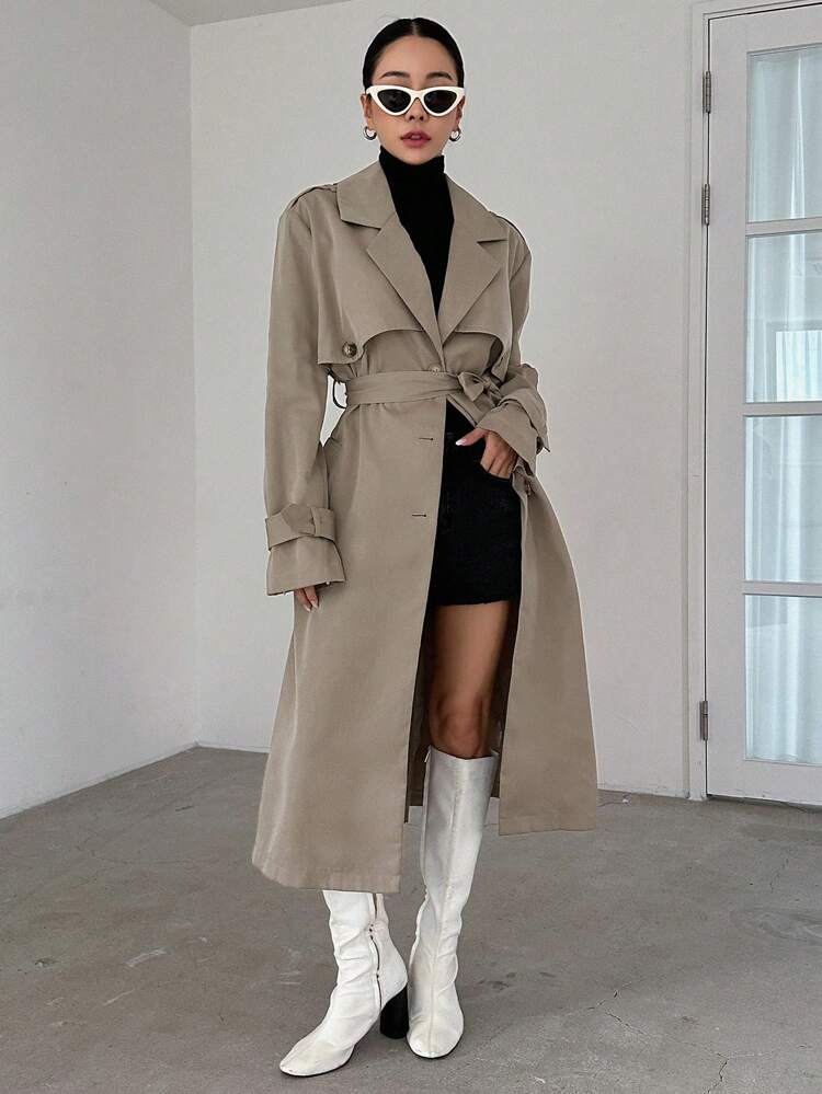 Solid Color Long Trench Coat, Business Casual,Fall Clothes,Back To School Clothes Women Jacket