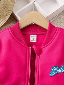 SHEIN 女小童亮片和獨角獸印花貼布細節飛行員夾克 - 粉色 - 查看 5