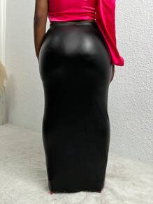 Slaydiva PU Leather Maxi Pencil Skirt - Black - View 2