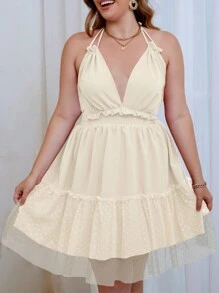 SHEIN Clasi Talla grande Vestido halter de malla en contraste bajo con fruncido de espalda abierta con cordón - Albaricoque - Ver 3