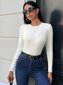 EURMUSE Solid Ribbed Knit Sweater - Beige - View 1