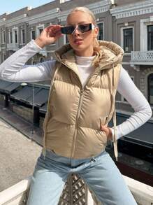 EURMUSE Zip Up Drawstring Hooded Puffer Vest Coat - Beige - View 1
