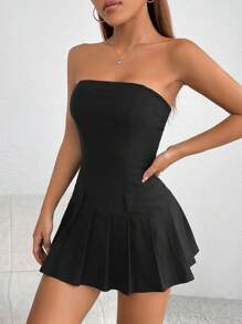 SHEIN PETITE Solid Tube Pleated Hem Belted Tube Short Summer Dress