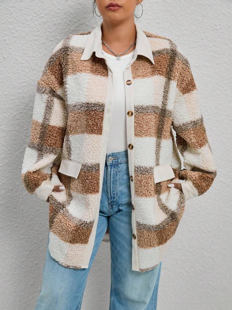 Plus Plaid Print Drop Shoulder Teddy Coat