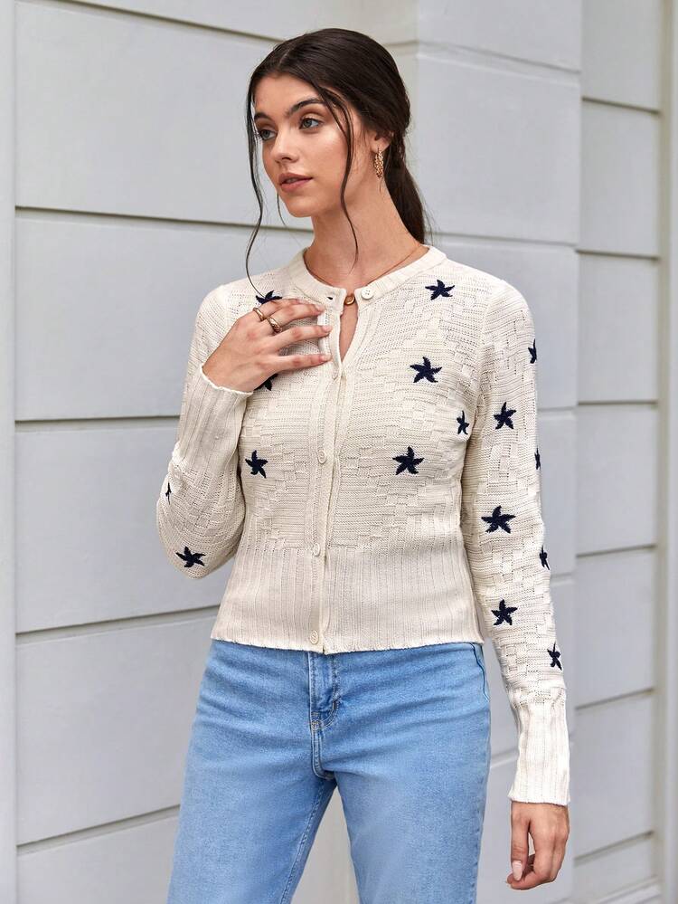Star Pattern Button Front Cardigan Fall Cloth For Women