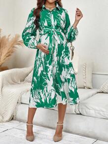 SHEIN Maternity Allover Print Belted Shirt Dress - Green - View 3