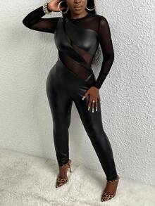 Slaydiva 休闲网眼拼接 PU 涂层透视圆领长袖紧身女式连体裤配长裤 - 黑色 - 查看 8