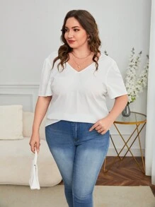 SHEIN Privé Talla grande Blusa con fruncido trasero con diseño de cadena - Blanco - Ver 3