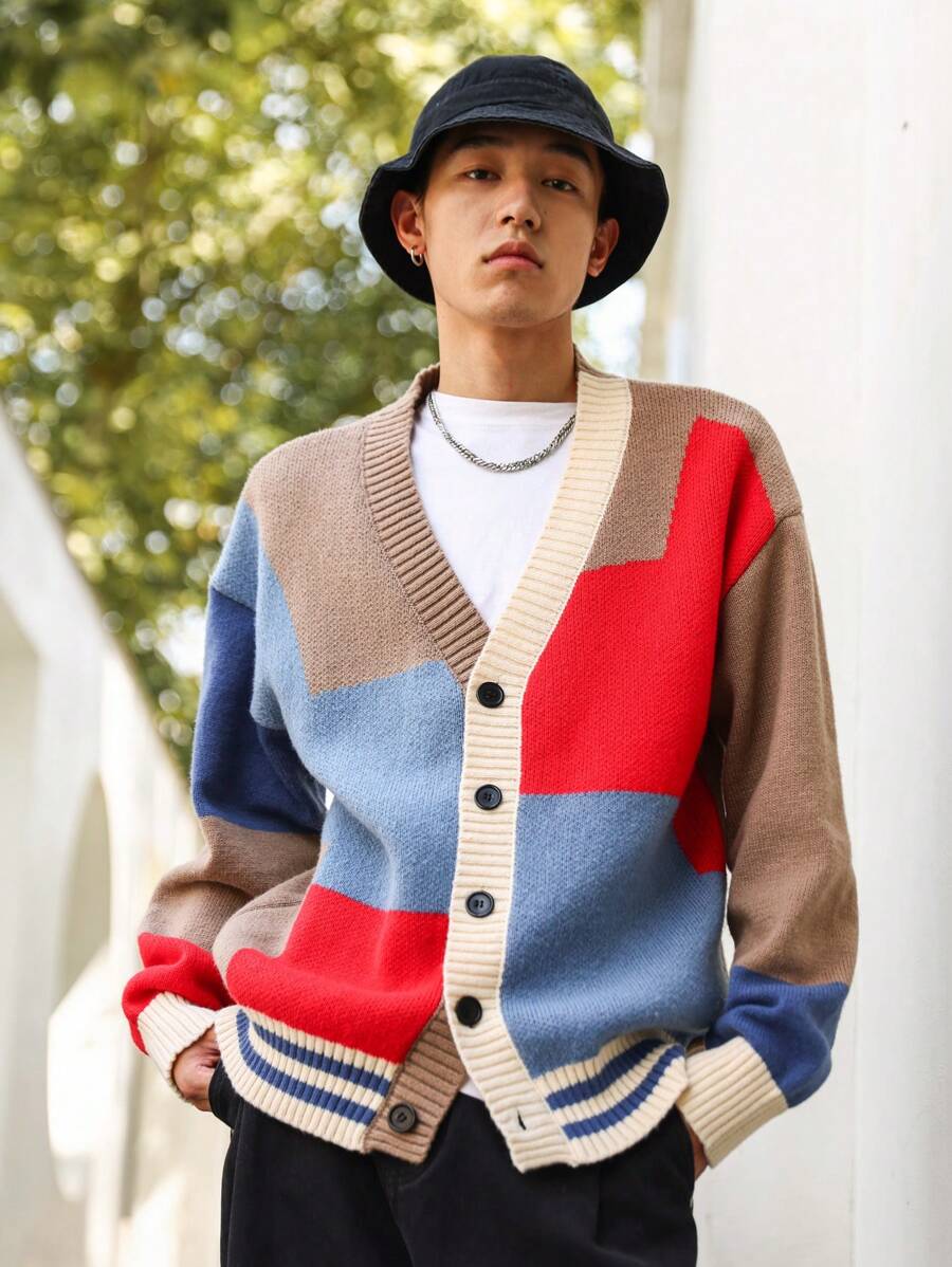 Manfinity Men Color Block Striped Trim Drop Shoulder Cardigan - Multicolor - View 1