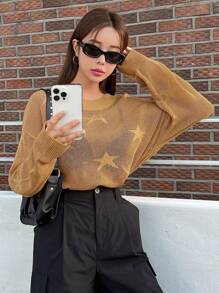 DAZY Star Pattern Drop Shoulder Sweater Y2k Sheer,Fall Clothes - Mustard Yellow - View 3