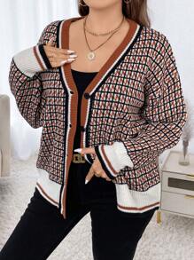 SHEIN LUNE Plus Size Houndstooth Pattern Cardigan Fall Winter Cloth For Women Autumn - Multicolor - View 4