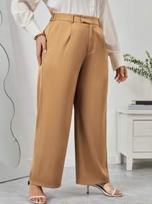 SHEIN Privé Hơn Chất rắn Túi nghiêng quần ống rộng Quần tây - Màu Khaki - Xem 1