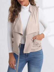 SHEIN LUNE Waterfall Collar Draped Ruched Vest Jacket - Khaki - View 5