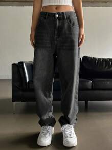 DAZY 斜口袋直筒牛仔裤 Y2k - 深灰色 - 查看 3