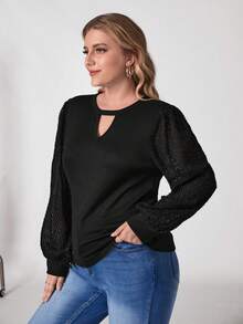 SHEIN Clasi Plus Keyhole Neckline Contrast Lace Lantern Sleeve Top - Black - View 5
