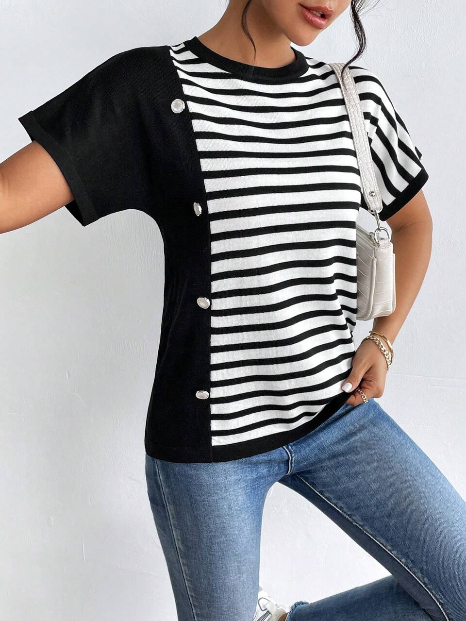 Striped Pattern Button Detail Knit Top