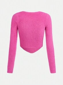 Teen Girls Button Front Curved Hem Sweater - Hot Pink - View 2